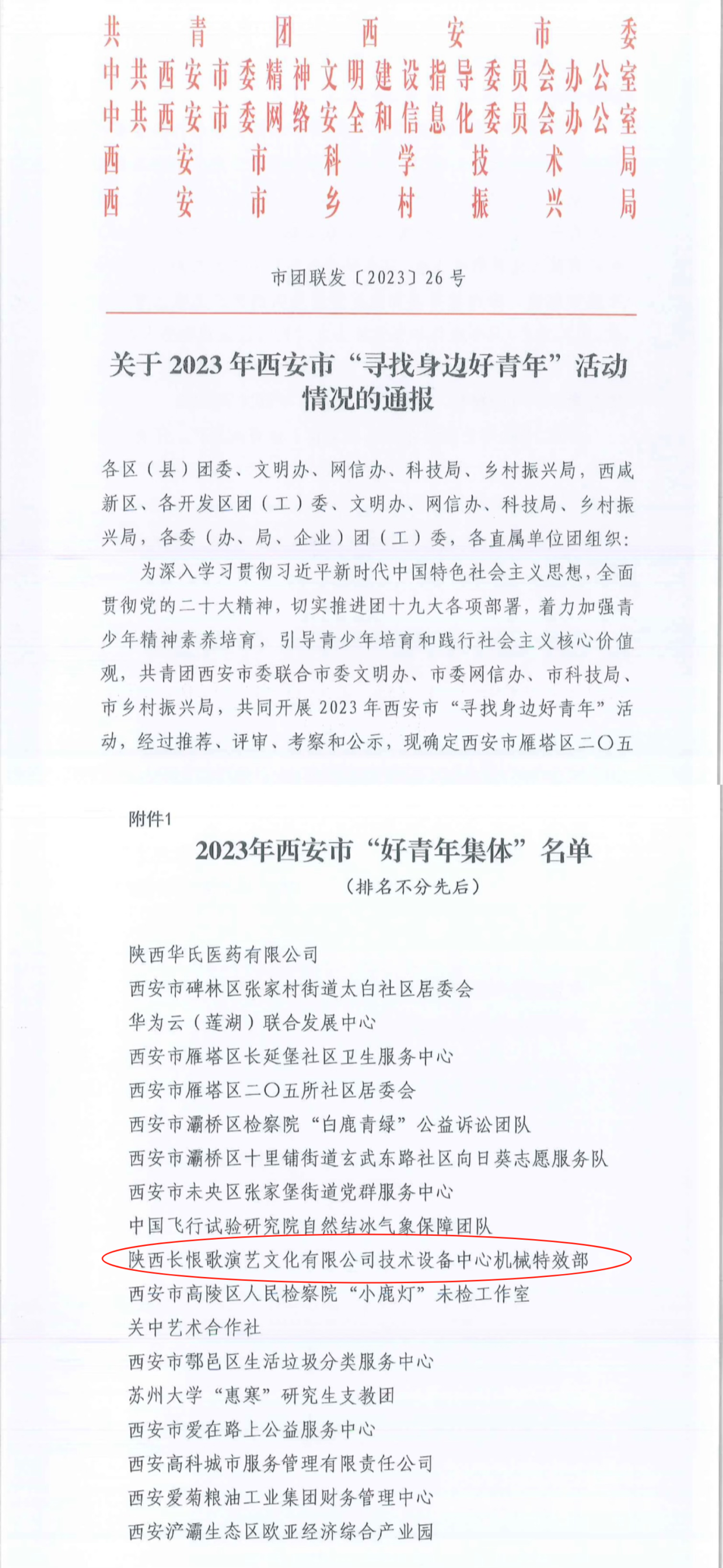 喜報！陝西長(cháng)恨歌(gē)演藝文化(huà)有限公司技術設備中心機械特效部被評爲2023年西安市“好青年集體”(圖1)